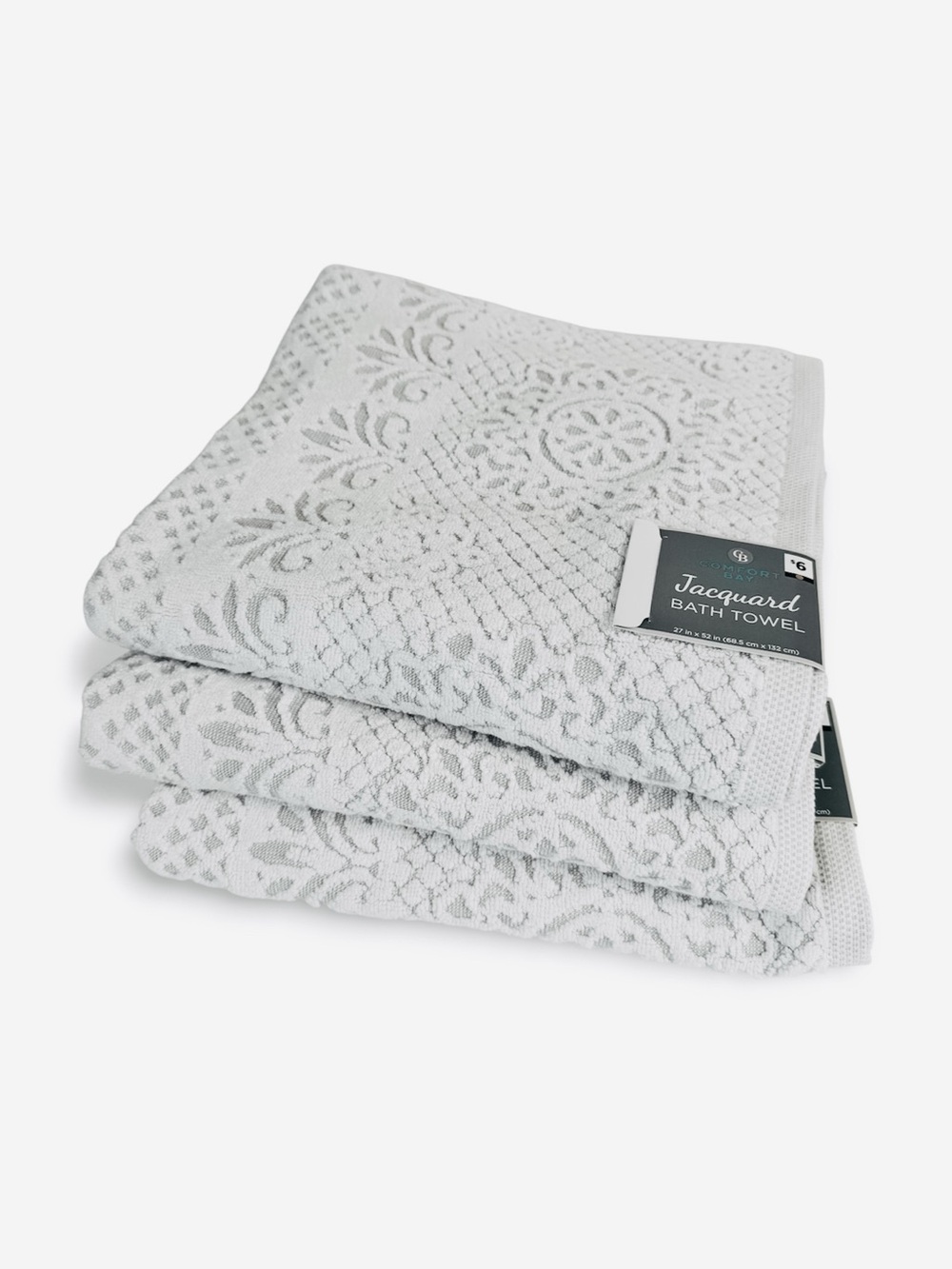 Comfort Bay Jacquard Bath Towel Set 3-Piece White Gray Damask 27x52 NWT